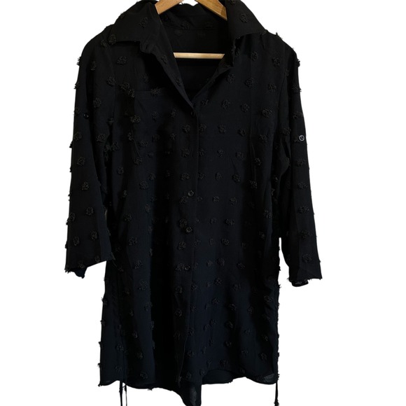 Tops - Black Tunic Shirt Dress Pom Pom Detail‎ 3/4 Sleeve Lightweight S swim coverup